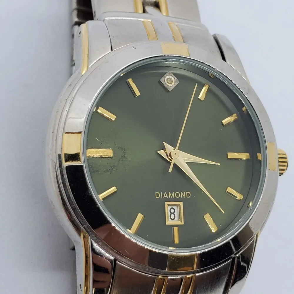 Men's Watch Diamond Accent 38MM Black‎ Dial Gold Gray Band Date 7